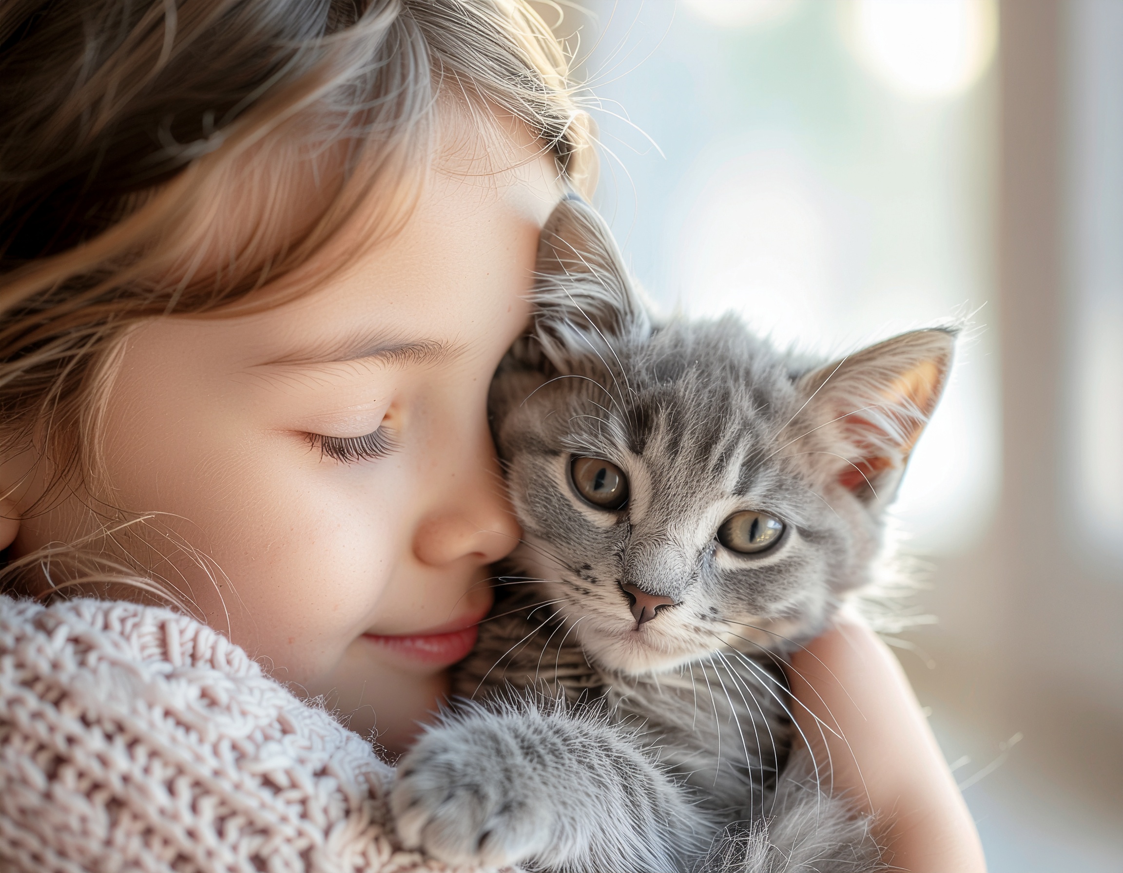 Uma criança abraça carinhosamente um gatinho cinza em um ambiente iluminado naturalmente, com luz suave destacando os detalhes do rosto e da pele. A composição captura um momento de ternura e conexão emocional, com um fundo desfocado que realça a profundidade da cena.